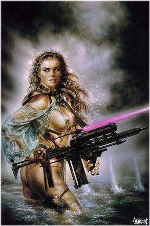 Типичная картинка: женщина-воин. Абсолютно непрактичная одежда (защиты никакой, зато полупрозрачная!), огромная пушка с лазерным прицелом в руках... кстати, таких лазерных лучей не бывает :)